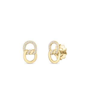 Elegant yellow gold earrings with intertwined loops and sparkling gemstones for modern sophistication.