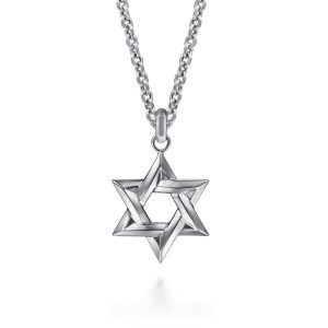 Elegant silver Star of David necklace featuring interlocking triangles on a stylish chain.