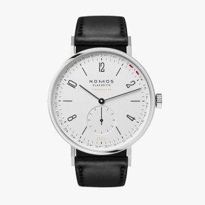Elegant NOMOS Glashütte automatic watch with minimalist design and leather strap.