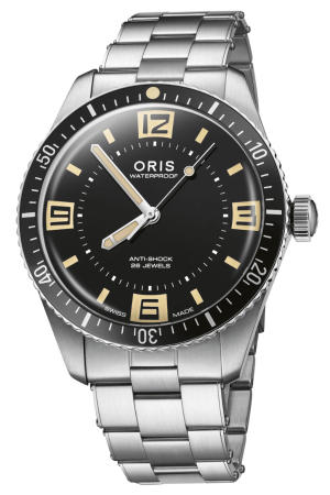 Oris divers watch with black face, luminous markers, stainless steel bracelet, waterproof design.