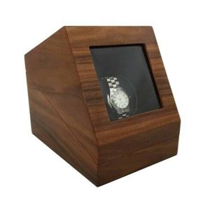 Elegant wooden watch display box with glass top showcasing a stainless-steel watch inside.