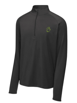 Sleek black quarter-zip pullover with vibrant green logo, perfect for casual and athletic wear.