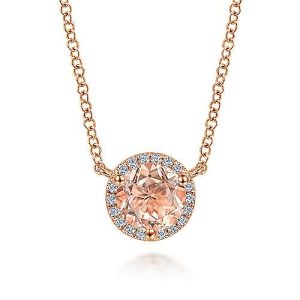 14K Rose Gold Round Morganite and Diamond Halo Pendant Necklace