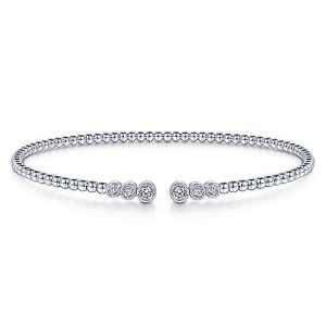 14K White Gold Bujukan Bead Split Cuff Bracelet with Bezel Set Diamonds