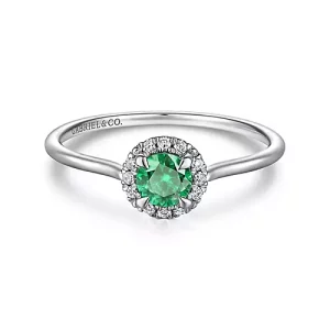 14kt White Gold Emerald and Diamond Halo Promise Ring