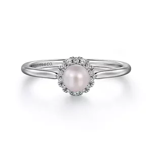 14K White Gold Pearl Ring with Diamond Halo