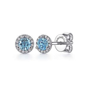 14K White Gold Round Cut Diamond Halo & Swiss Blue Topaz Stud Earrings 14K White Gold Round Cut Diamond Halo & Swiss Blue Topaz Stud Earrings 14K White Gold Round Cut Diamond Halo & Swiss Blue Topaz Stud Earrings