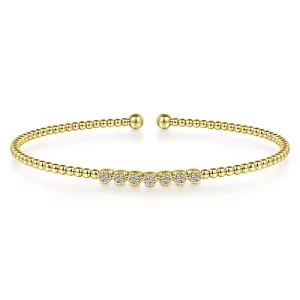 14K Yellow Gold Bujukan Bead Cuff Bracelet with Cluster Diamond Stations