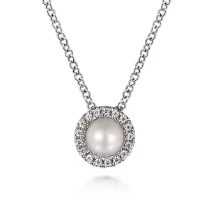 18 Inch 14K White Gold Pearl and Diamond Halo Pendant Necklace