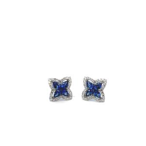 18 Kt White Gold Floral Sapphire and Diamond Halo Stud Earrings