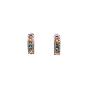 18 Kt White Gold Multi Colored Sapphire Huggie Hoop Earrings