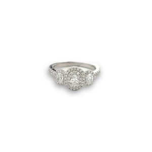 4kt White Gold 3 Stone Oval Halo Ring