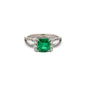 14 Kt White Gold Emerald and Diamond Halo Split Shank Fashion Ring