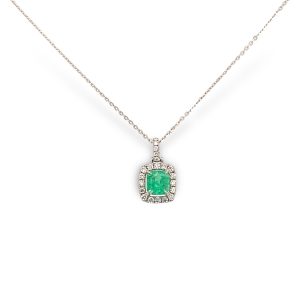 18 Kt White Gold Emerald and Diamond Cushion Halo Pendant