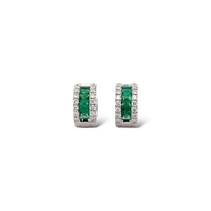 18 Kt White Gold Emerald and Diamond Huggie Hoop Earrings