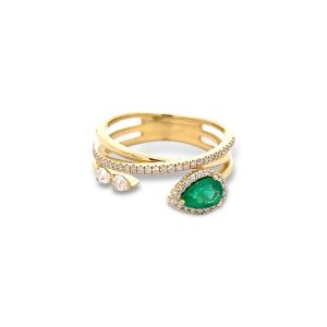 18 Kt Yellow Gold Emerald and Diamond Pear Halo Bypass Fashion Ring