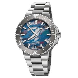 Oris Aquis dive watch features a stunning blue dial, stainless steel bezel, and robust bracelet.