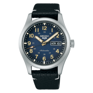 Stylish Seiko wristwatch featuring a blue dial, stainless steel case, and leather strap.
