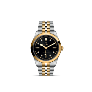 Exquisite Tudor watch in stainless steel and gold with a classic black dial and elegant design.