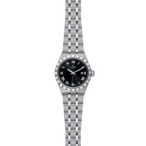 Elegant Tudor stainless steel watch with a black face and polished Roman numerals.