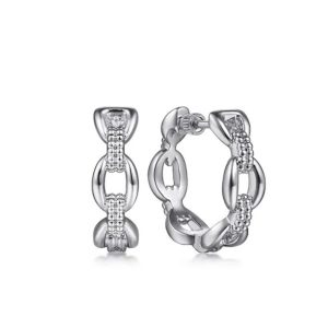 Elegant silver hoop earrings with textured links and a sparkling gemstone center.