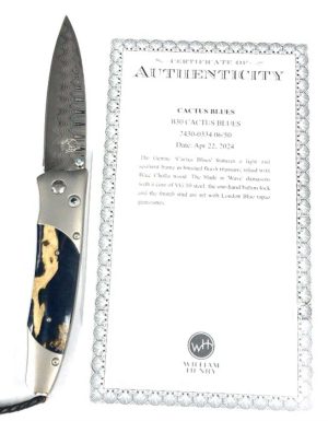 Cactus Blues knife with VG-10 blade, Blue Cholla wood handle, and certificate of authenticity.