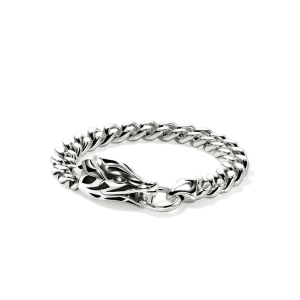 Silver wolf bracelet with gemstone, featuring intricate design and durable chain links.
