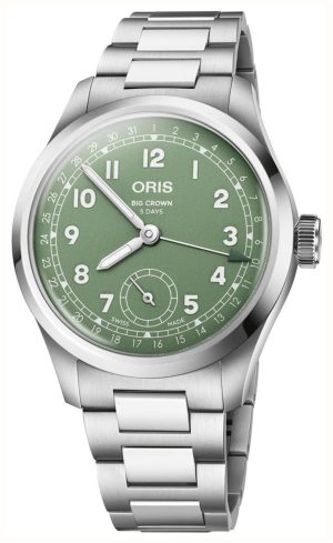 Elegant Oris Big Crown watch with a green dial, stainless steel bracelet, and Swiss craftsmanship.