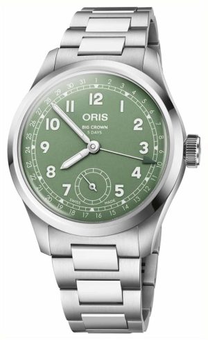 Elegant Oris Big Crown watch with a green dial, stainless steel bracelet, and Swiss craftsmanship.