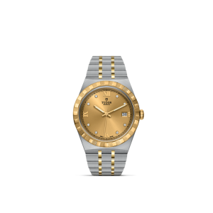 Elegant Tudor wristwatch with gold accents, diamond markers, and luxury silver-gold bracelet.