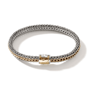 Elegant dual-tone silver and gold woven bracelet with intricate design and sophisticated clasp.