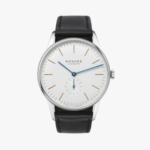 Elegant NOMOS Glashütte watch with minimalist design, white dial, and luxurious leather strap.