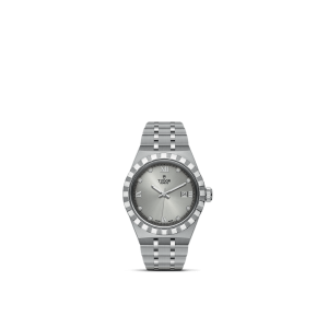 Elegant Tudor watch in polished stainless steel with diamond accents and Roman numeral dial.
