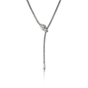 Elegant silver necklace with braided chain and leaf clasp featuring sparkling blue gemstones.