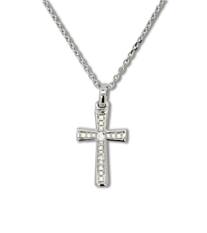 Elegant silver cross pendant with sparkling gemstones on a delicate chain, set against a black background.