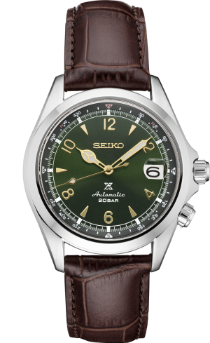 Green dial Seiko automatic watch with stainless steel case and brown leather strap.