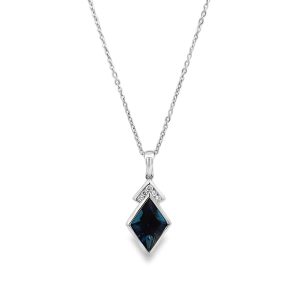Elegant silver pendant necklace with a deep blue gemstone and sparkling accents.