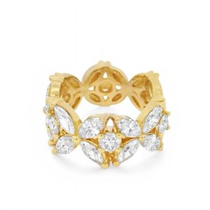 Elegant gold ring with sparkling gemstones in marquise and round shapes, perfect for any occasion.