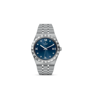 Stylish Tudor watch with blue dial, diamond markers, and stainless steel bracelet for elegance.
