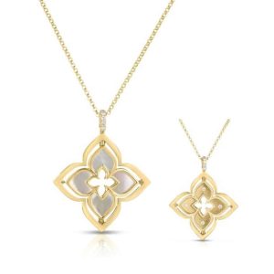 Elegant floral pendant necklace in gold tone, available in two sizes for versatile styling.