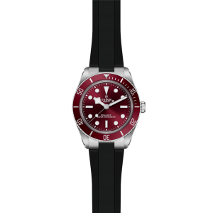 Tudor diving watch with burgundy bezel and robust design for style and functionality.
