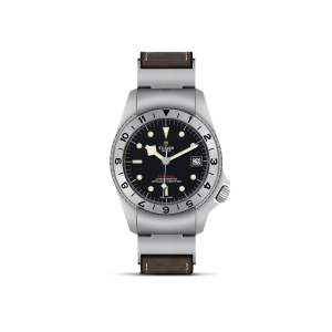 Elegant stainless steel watch with black dial, luminous hands, and a brown leather strap.