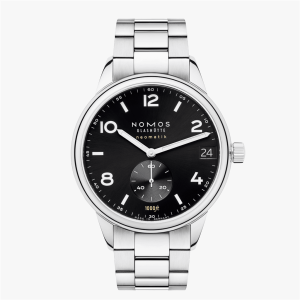 NOMOS Glashütte luxury watch features a sleek design, Arabic numerals, and automatic movement.