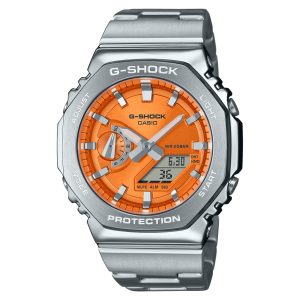 Vibrant orange G-Shock watch with analog-digital display and durable stainless steel design.