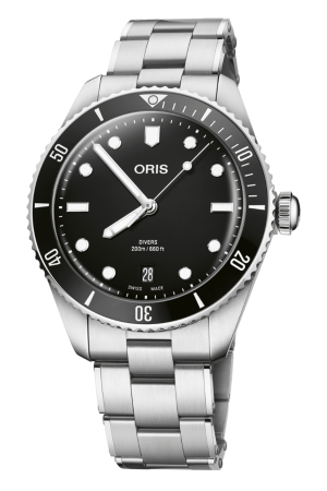 Oris divers watch features a black dial, luminous markers, and water resistance up to 200m.