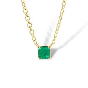 Elegant gold necklace featuring a vibrant square-cut emerald gemstone, perfect for any occasion.