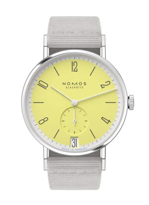 NOMOS Glashüttes vibrant yellow dial wristwatch with stainless steel case and gray textile strap.