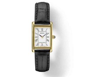 Elegant Seiko gold-tone wristwatch with Roman numerals and black leather strap.