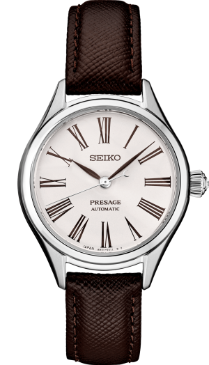 Elegant Seiko Presage watch featuring polished stainless steel, Roman numerals, and a brown leather strap.
