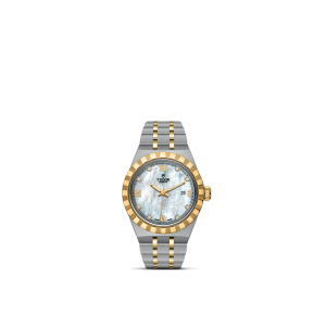Elegant Tudor watch featuring a mother-of-pearl dial with diamond markers and gold accents.